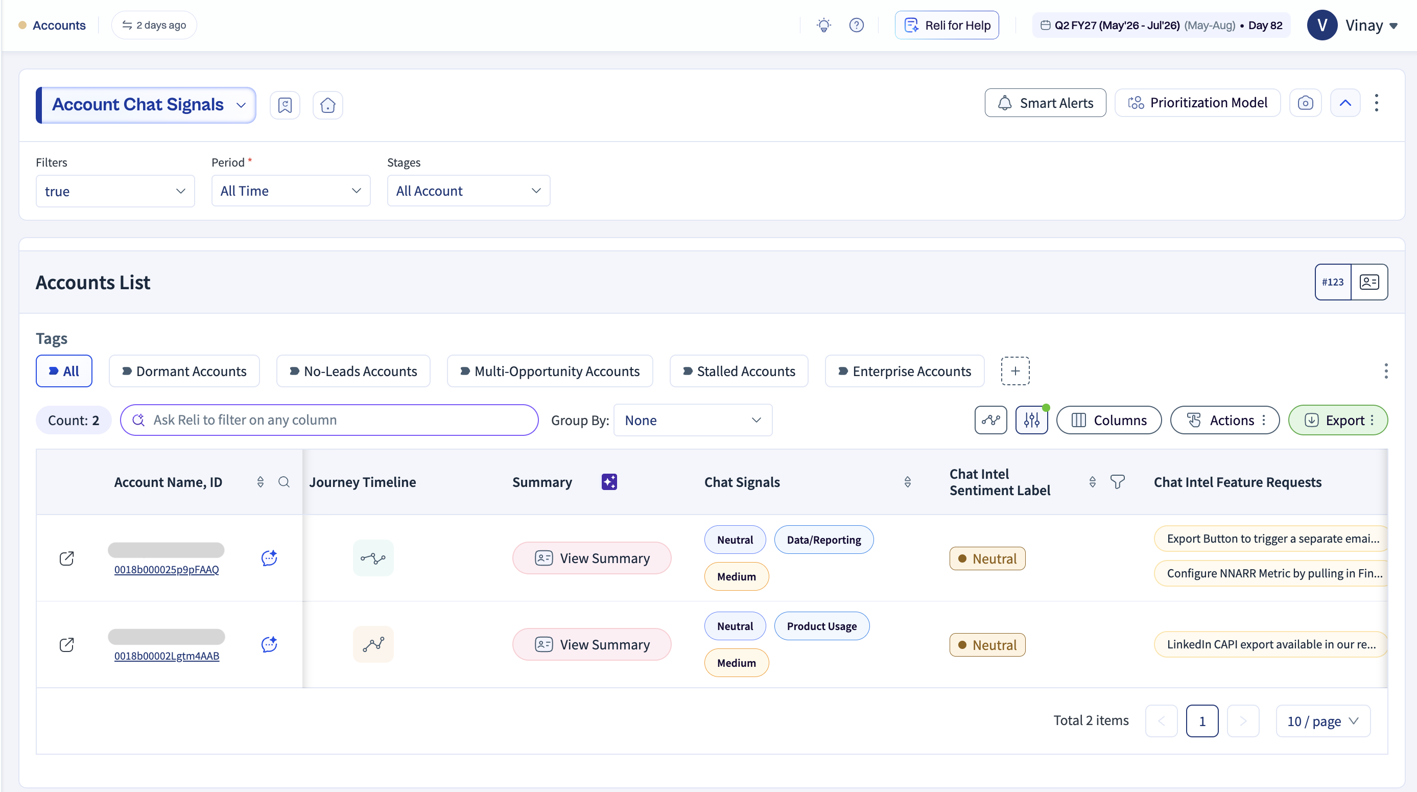 Overview of account chat signals with various tags and sentiment labels displayed.